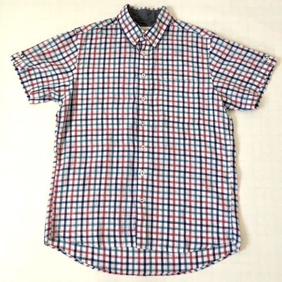 Dressmann Plaid Linen Blend Short Sleeve Shirt M - Picture 2 of 14